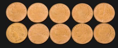 Dix pièces de 20 francs or croix suisses
Poids...