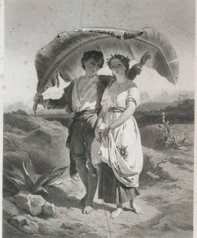 D'APRES JAN VAN LERIUS «Paul et Virginie» gravure encadrée (rousseurs) 57 x 43 cm...