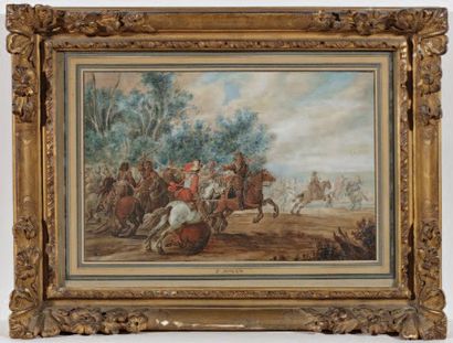 Attribué à Pieter MOLYN (1595-1661) " Choc de cavalerie " Lavis d'encre aquarelle...