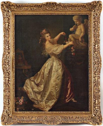 École FRANÇAISE du XVIIIe siècle Jeune femme ornant de fleurs la statue de l'Amour...