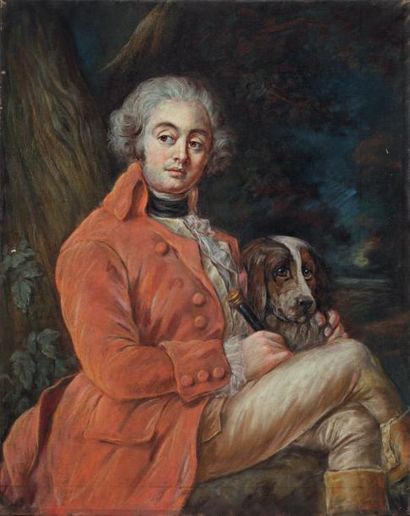 ÉCOLE FRANÇAISE XIXe siècle, dans le goût du XVIIIe siècle Gentilhomme au chien Pastel,...