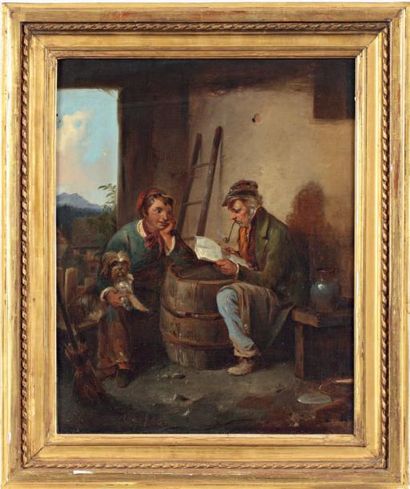 ÉCOLE FRANÇAISE, XIXe siècle Les nouvelles Huile sur toile 39 x 31,8 cm