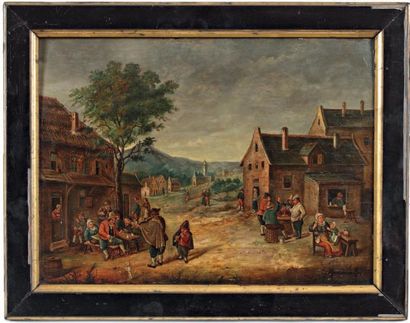 Ecole Flamande du XVIIIe siècle Village animé de personnages Huile sur panneau, (Restaurations)...