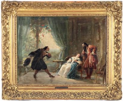 ATTRIBUÉ À EUGÈNE ISABEY (1803-1886) Scène de théâtre: la déclaration Huile sur toile,...