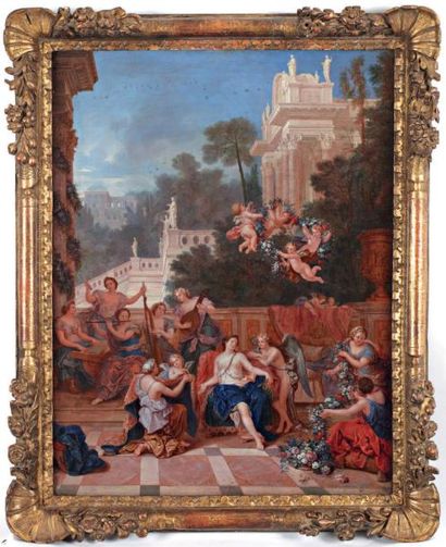 JEAN COTTELLE LE JEUNE (1642-1708) Vénus dans son palais L'Amour est auprès d'elle,...