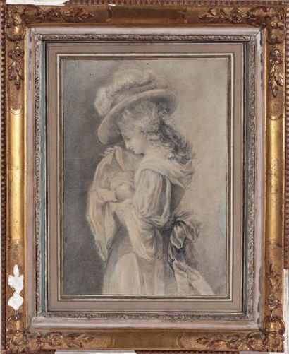 ATTRIBUÉ À MARIE-VICTOIRE LEMOINE (1754-1820) Jeune femme tenant dans ses bras un...