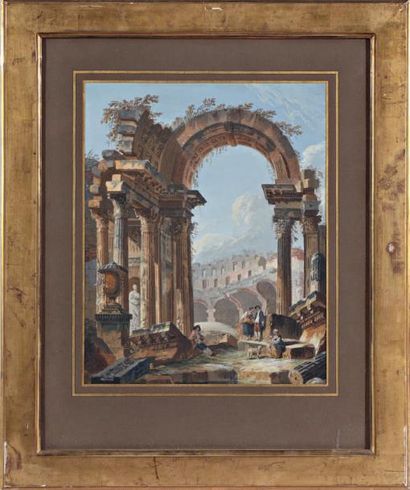 ATTRIBUÉ À PIERRE-ANTOINE DEMACHY (1723-1807) Ruines antiques animées de personnages...