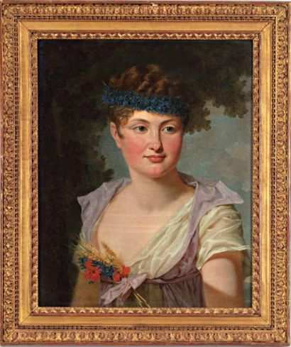 École FRANÇAISE du début du XIXe siècle Portrait de femme couronnée de bleuets Huile...