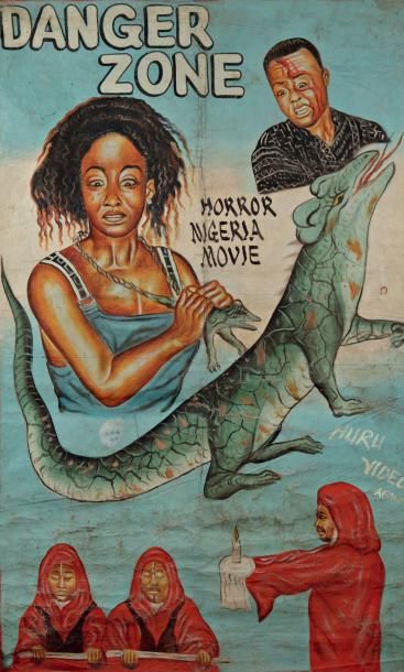 NIGERIA - VERS 1970 Danger Zone, Horror Nigeria Movie, Huile sur toile 190 x 113...