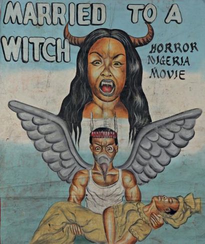 NIGERIA - VERS 1970 Married to a Witch, Horror Nigeria Movie Huile sur toile 136...
