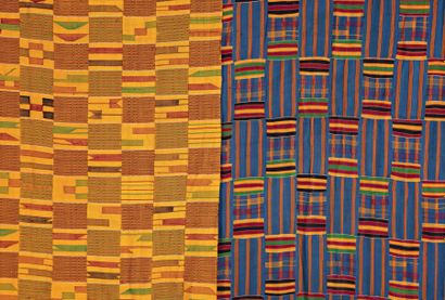 GHANA - ASHANTI Ensemble de 8 draps en coton, rayonne et soie polychrome à décors...