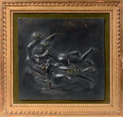 D'après CLODION (1738-1814) Nymphes et satyre Bas relief en bronze ciselé et patiné...
