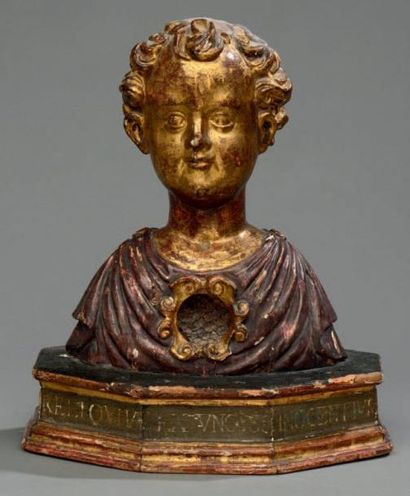 ECOLE FRANCAISE DU XVIIème SIECLE Buste de Saint François Reliquaire en bois sculpté,...