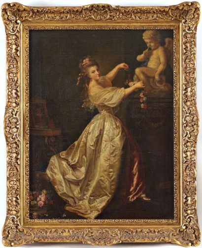 Ecole Française du XVIIIème siècle Jeune femme ornant de fleurs la statue de l'Amour,...