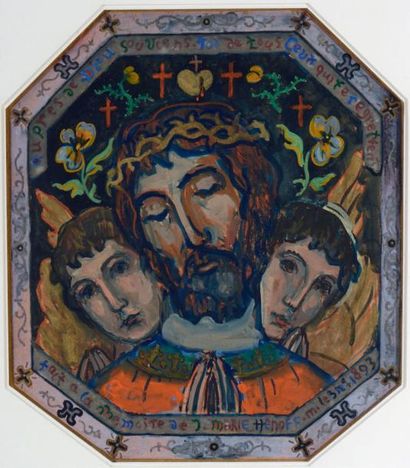 Charles FILIGER (1863-1928) Le Christ entouré de deux anges - 1893 Gouache sur carton,...