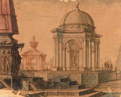 École FRANÇAISE du XVIIIe siècle «Caprice architectural avec temple, obélisque et...