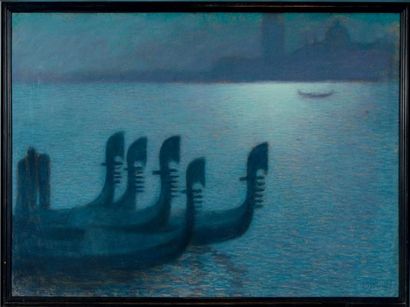 Lucien Levy-Dhurmer (1865-1953) Gondoles à Venise, sous un clair de lune Pastel Signé...