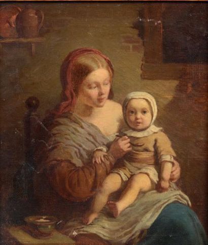 ÉCOLE FRANÇAISE, MILIEU XIXe S La mère et son enfant Huile sur toile 34 x 28,5 c...