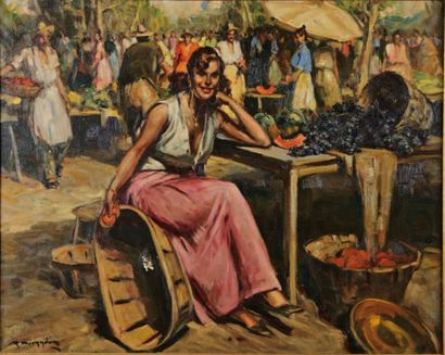 Richard TOGO DURANDO (né en 1910) "Scène de marché" Huile sur toile, signé en bas...