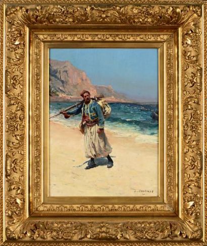 Paul Emile BOUTIGNY (1854-1929) Zouave au bord de la mer d'Orient Huile sur panneau....
