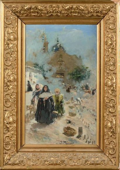 IGNACIO PINAZO CAMARLENCH (1849-1916) Scène de village en Espagne Huile sur toile,...