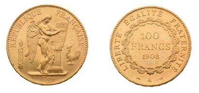 France TROISIÈME RÉPUBLIQUE (1871-1940) 100 Francs or. 1908. Paris. Génie gravant...