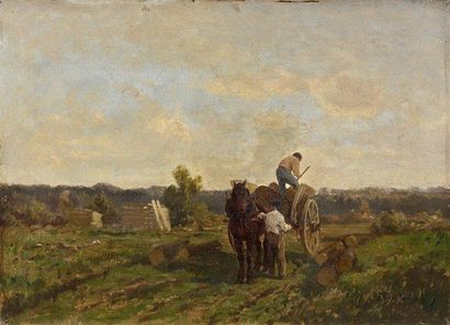 Clément QUINTON (1851-1920) RETOUR DES CHAMPS HUILE SUR TOILE. SIGNE EN BAS A DROITE....