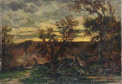 Alexandre René VÉRON (1826-1897) Paysage Signé en bas à droite et daté 1885. Manques...