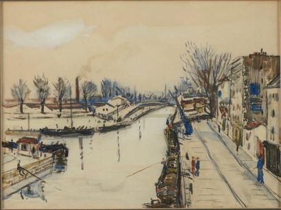 Alphonse QUIZET (1885-1955) Bords de Marne Gouache sur papier 22,5 x 30 cm