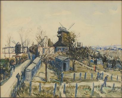 Alphonse QUIZET (1885-1955) Moulin à Montmartre Gouache sur papier. Signée en bas...
