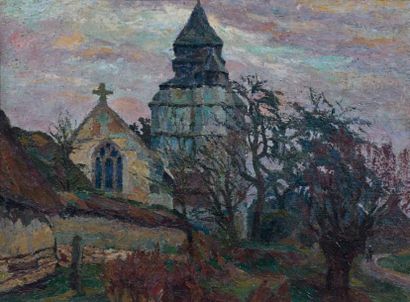 Marcel COUCHAUX (1877-1939) Paysage à l'Église Huile sur toile. Signé en bas à droite...