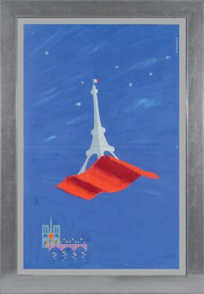 CLAUDE BONNEHON (né en 1937) Tour Eiffel sur tapis volant Affiche en polychromie...