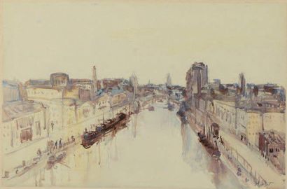 Alphonse QUIZET (1885-1955) Paris, le quais de Seine Aquarelle et gouache. Signée...