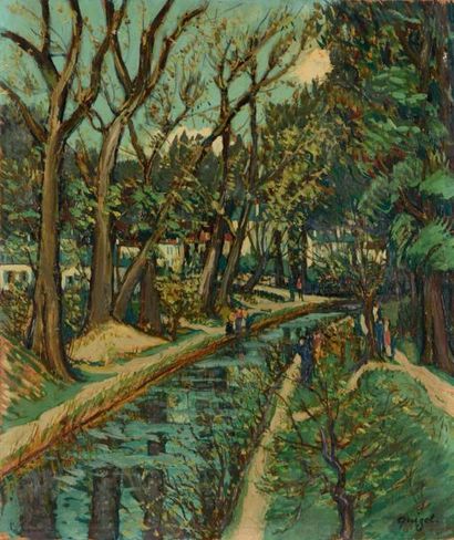 Alphonse QUIZET (1885-1955) La promenade le long du canal - Marne Huile sur isorel....