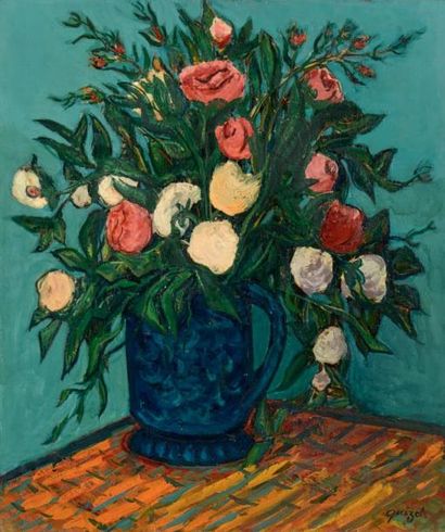 Alphonse QUIZET (1885-1955) Bouquet de fleurs roses sur fond bleu Huile sur panneau....