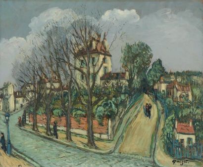 Alphonse QUIZET (1885-1955) Promenade dans la rue Huile sur isorel. Signée en bas...