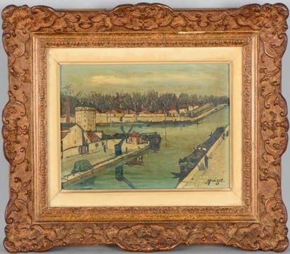 Alphonse QUIZET (1885-1955) Sur les bords du canal Huile sur isorel. Signée en bas...