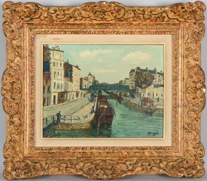 Alphonse QUIZET (1885-1955) Canal avec pont Huile sur isorel. Signée en bas à droite...