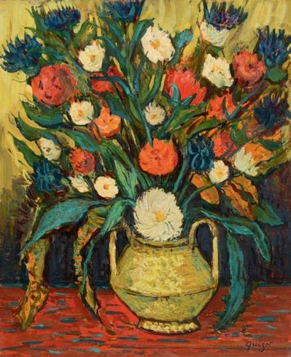 Alphonse QUIZET (1885-1955) Vase jaune, bleuets, fond jaune Huile sur isorel. Signé...