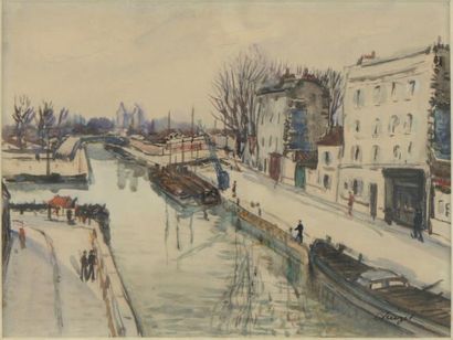 Alphonse QUIZET Sur les bords du canal Aquarelle et gouache sur papier. Signé en...