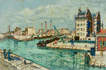 Alphonse QUIZET (1885-1955) Entrée du port Huile sur isorel. Signée en bas à droite...