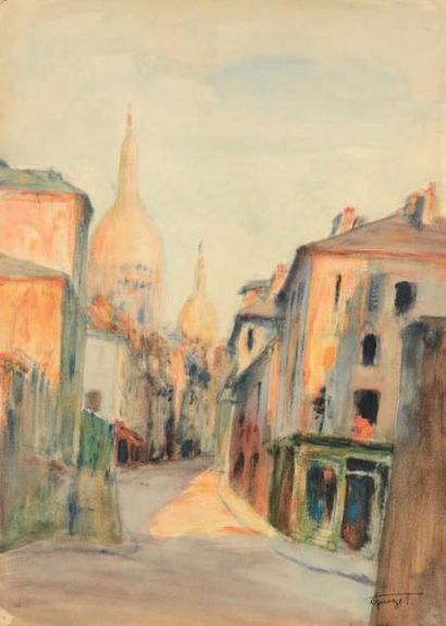 Alphonse QUIZET (1885-1955) Vue de Montmartre Technique mixte sur papier. Signée...