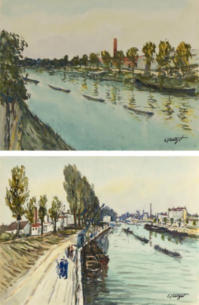Alphonse QUIZET (1885-1955) Sur les bors de la Marne Deux gouaches sur papier. Signées...