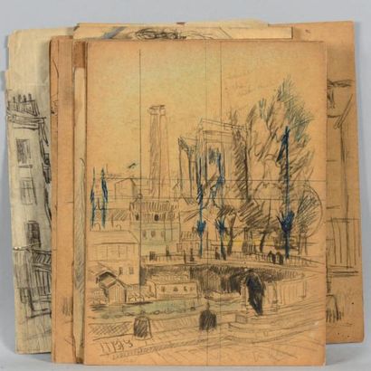 Alphonse QUIZET (1885-1955) Suite de 19 croquis sur Montmartre Crayons sur papier....