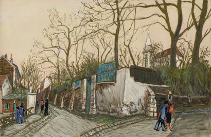 Alphonse QUIZET (1885-1955) Promenade à Montmartre Gouache et aquarelle sur carton...