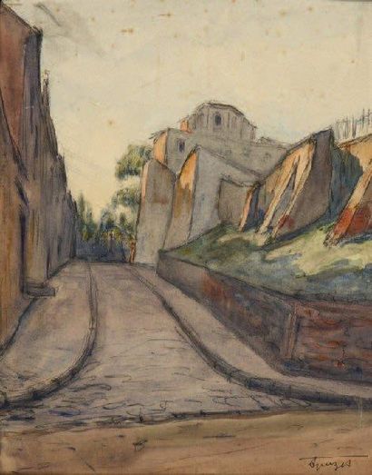 Alphonse QUIZET (1885-1955) Rue de Montmartre Pastel et aquarelle sur papier. Signé...