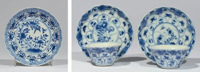 CHINE Soucoupe en porcelaine bleu-blanc à décor floral. Au dos, marque en double...