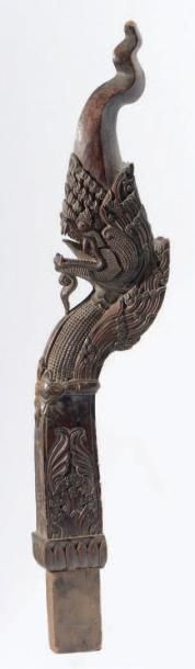 CAMBODGE Pilier-support de rouet en bois, pour le filage de la soie, sculpté en forme...
