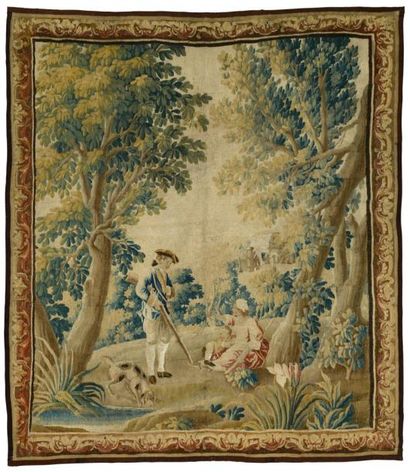 AUBUSSON, XVIIIème siècle Chasseur près d'une bergère et son enfant. D'après Jacques...