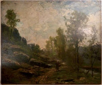 Marcel ORDINAIRE (1848-1896) Promenade dans la forêt Huile sur panneau 25,7 x 30,2...